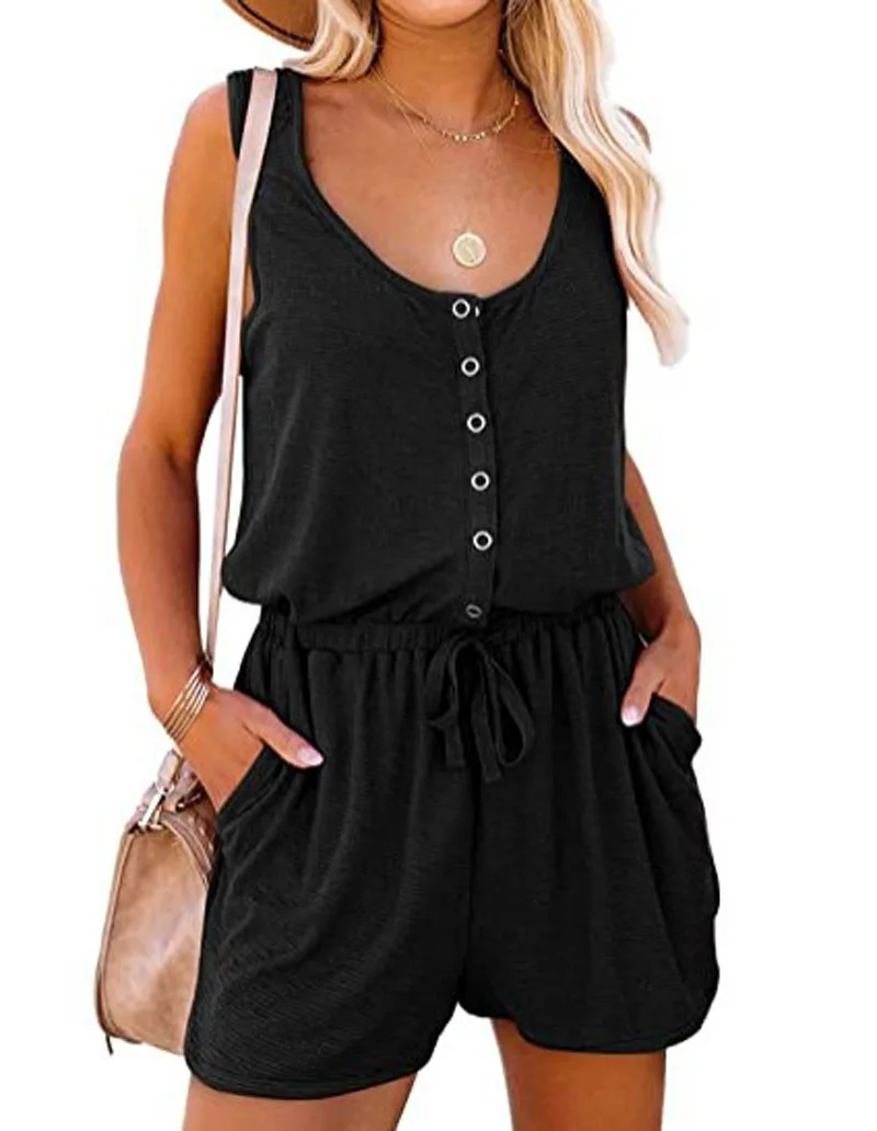 Casual Jumpsuit Women Button Up Sleeveless Elastic Waist Shorts Jumpsuit Summer Solid Color Simple Clothes