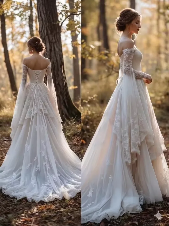 2026 Boho Off-Shoulder Langarm Brautkleid mit Spitzenkorsett, A-Linie Brautkleid, Märchenhafte Eleganz für die Braut, Maßanfertigung