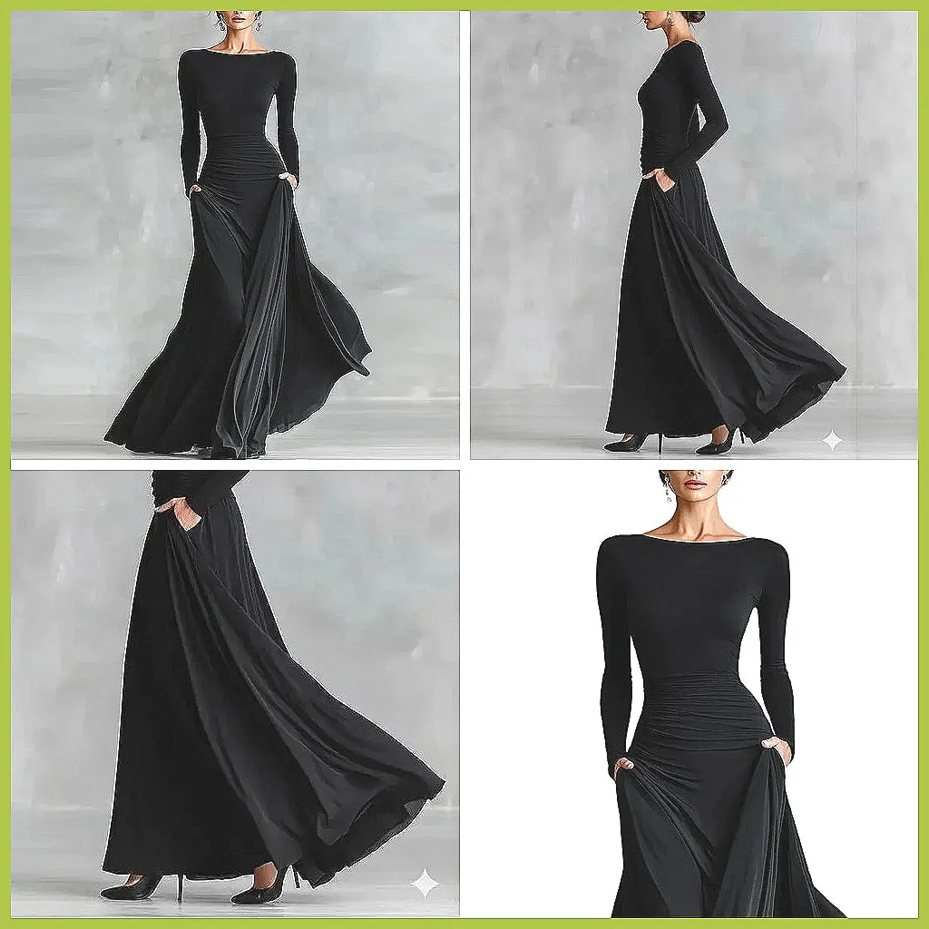 Gaun Maxi Patchwork Elegan Wanita Lengan Panjang Kerah Tinggi Gaun Pesta Chic Vestidos (72 karakter)
