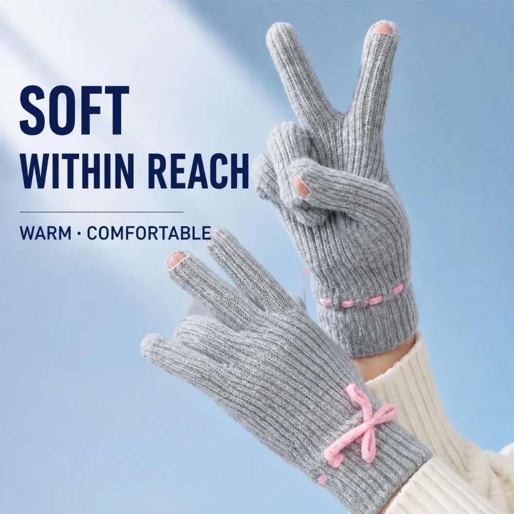 Practical Knitted Texture Wool bow knit gloves Solid Color Windproof Touch Screen Gloves Thermal Riding Gloves Casual Wear