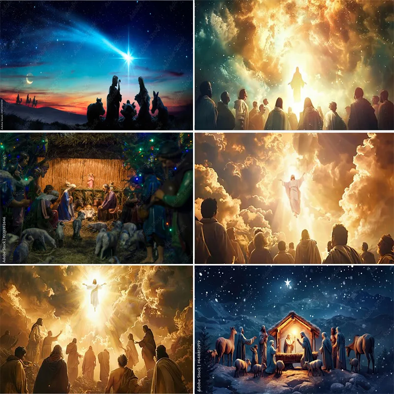 Manger Nativity Scene Background Mary Joseph Baby Jesus in a Rustic Sunset Shepherds Prayer Faith Photography Backdrops JU-02