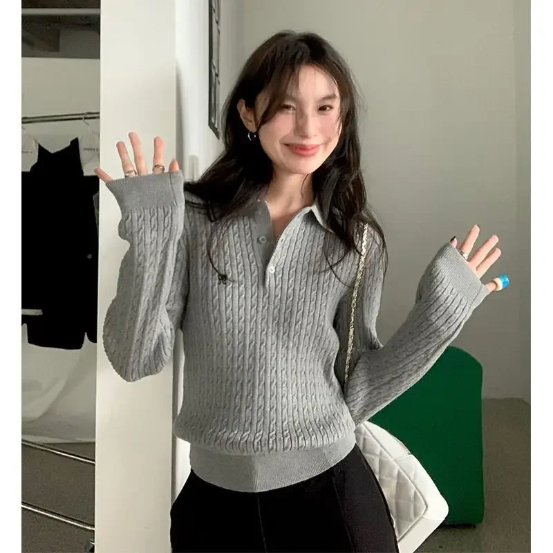 Deeptown Vintage Embroidery Polo Sweaters Women Korean  Preppy Style Knitted Pullover Old Money Long Sleeve Gray Jumpers Classic