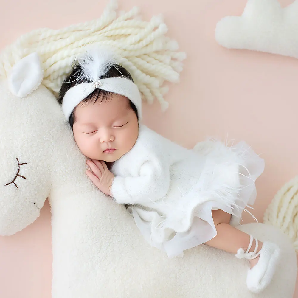 0-1 Month Newborn Photography Props White Horse Style Theme Knitted Outfits Baby Girl Skirt and Doll Pillow for Baby Posinging
