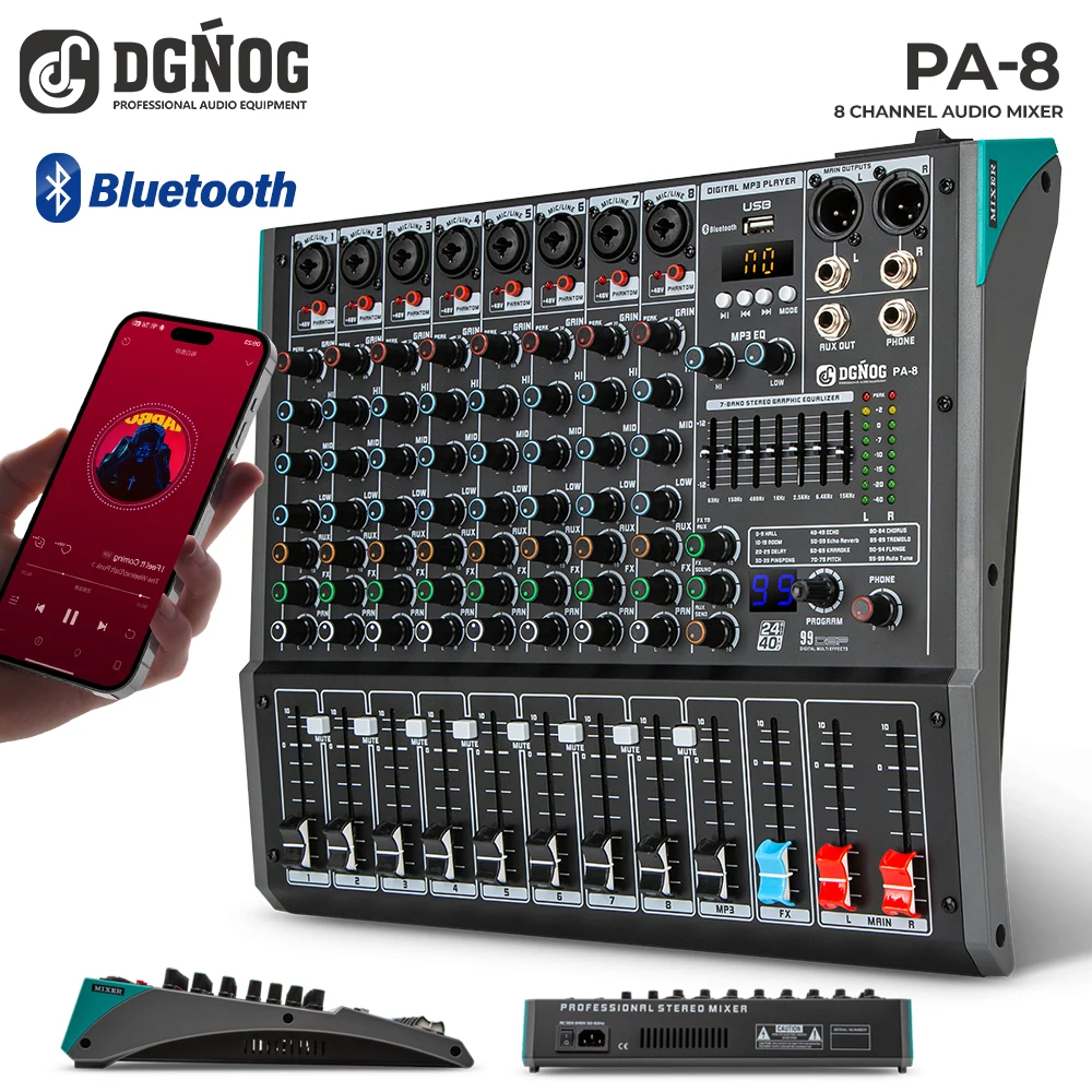 

DGNOG PA-8 8-Channel DJ Console Audio Mixer 99 DSP Reverb Bluetooth USB 48V Phantom Power Supply for Karaoke DJ Studio
