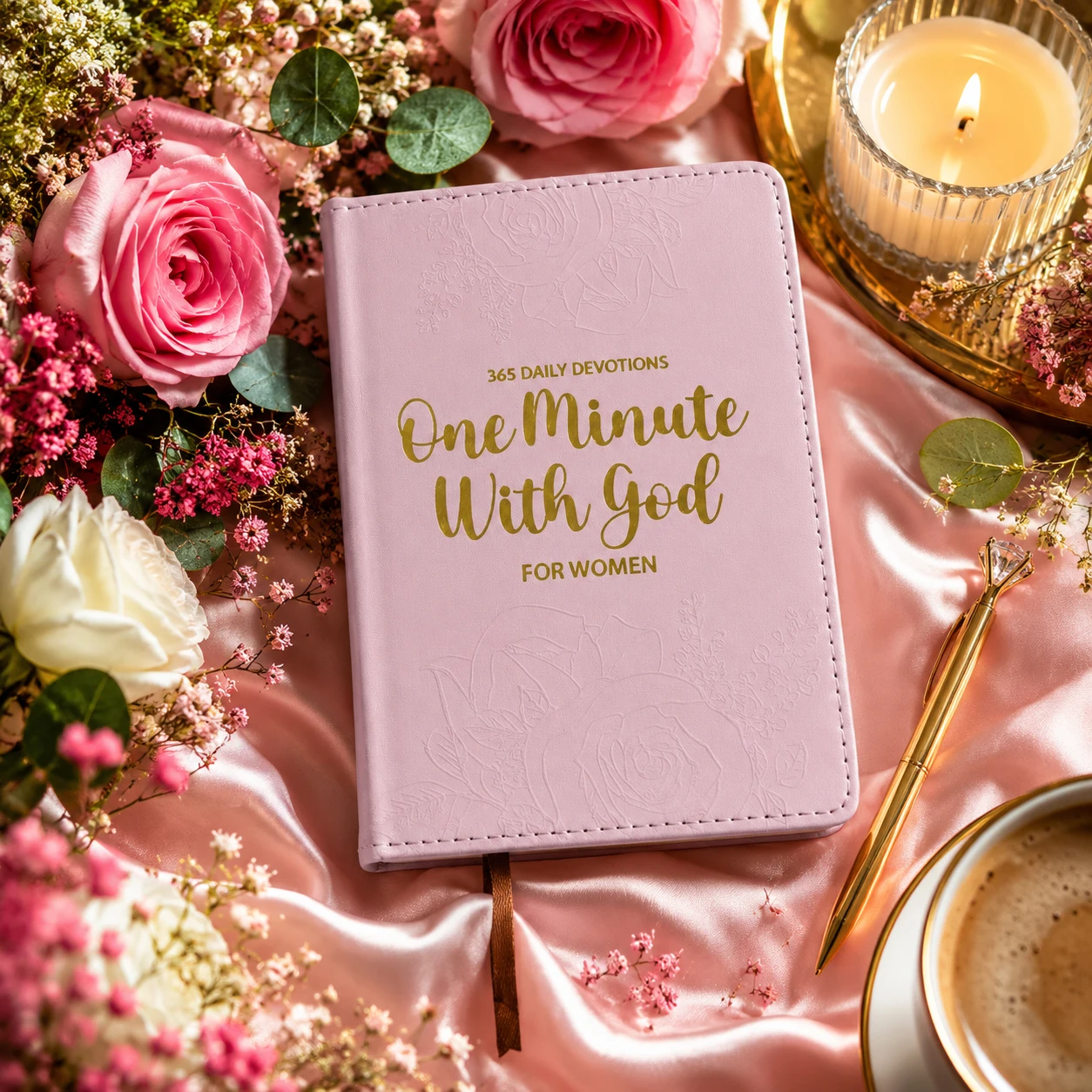 Pink embossed PU hardcover journal with gold text and hidden rose patterns. Created for women with 365 daily devotions. Great fo