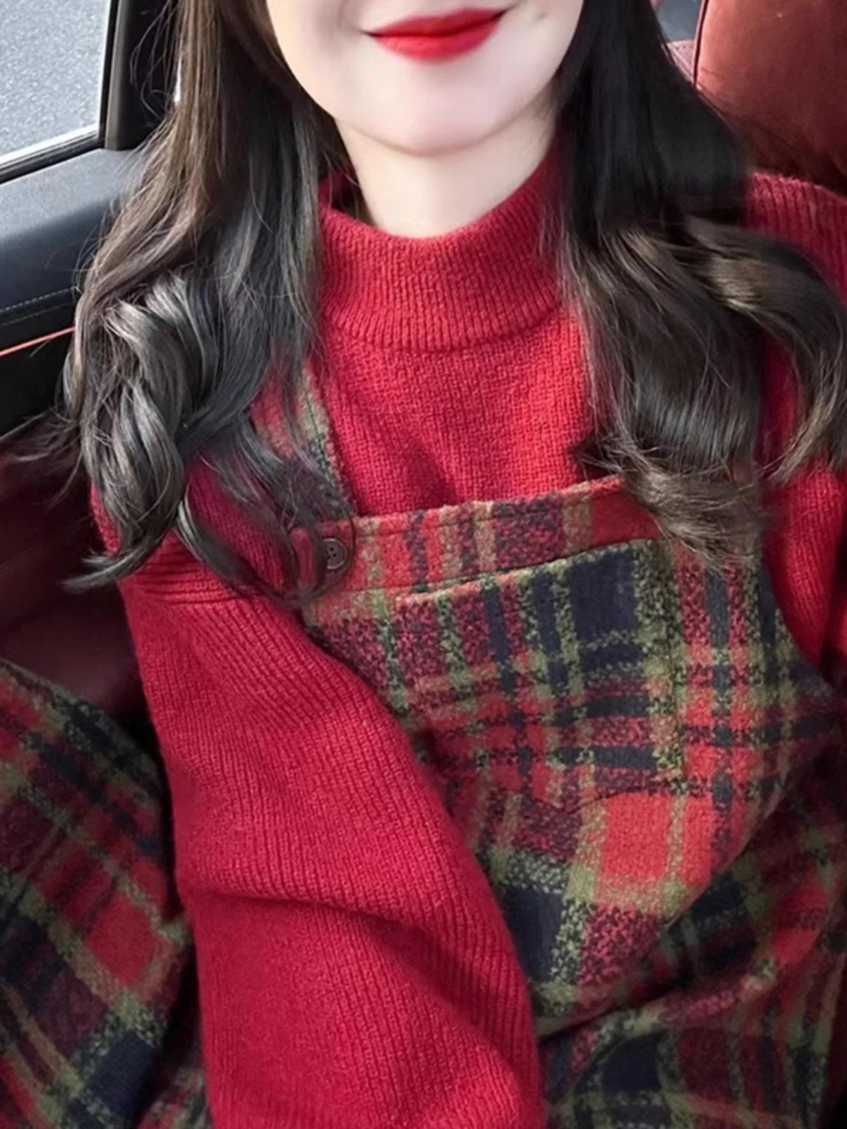 

Retro Plaid Woolen Skirt Dr with Knitted Sweater round Neline Sweet Sle Women's Faion Korean New Year Red Dr