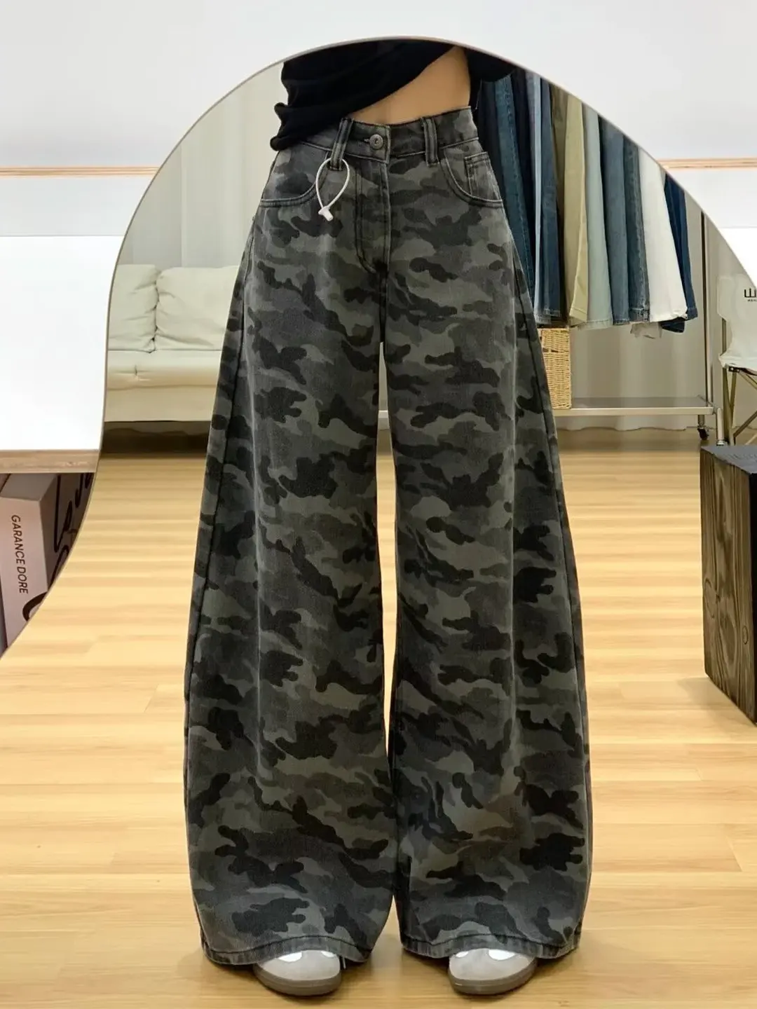 

Американские джинсы-карго с широкими штанинами в стиле High Street, камуфляжные, женские, осенние, больших размеров, ретро, свободные, прямые, в пол