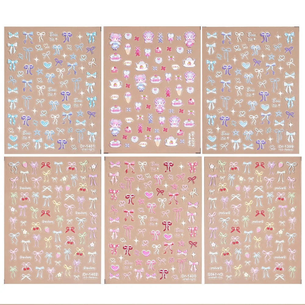 

6pcs Kawaii Japanese Cute Cartoon 5D Embossed Nail Stickers Bow Heart Star Nail Art Decals DIY Manicure Decor with Tweezers
