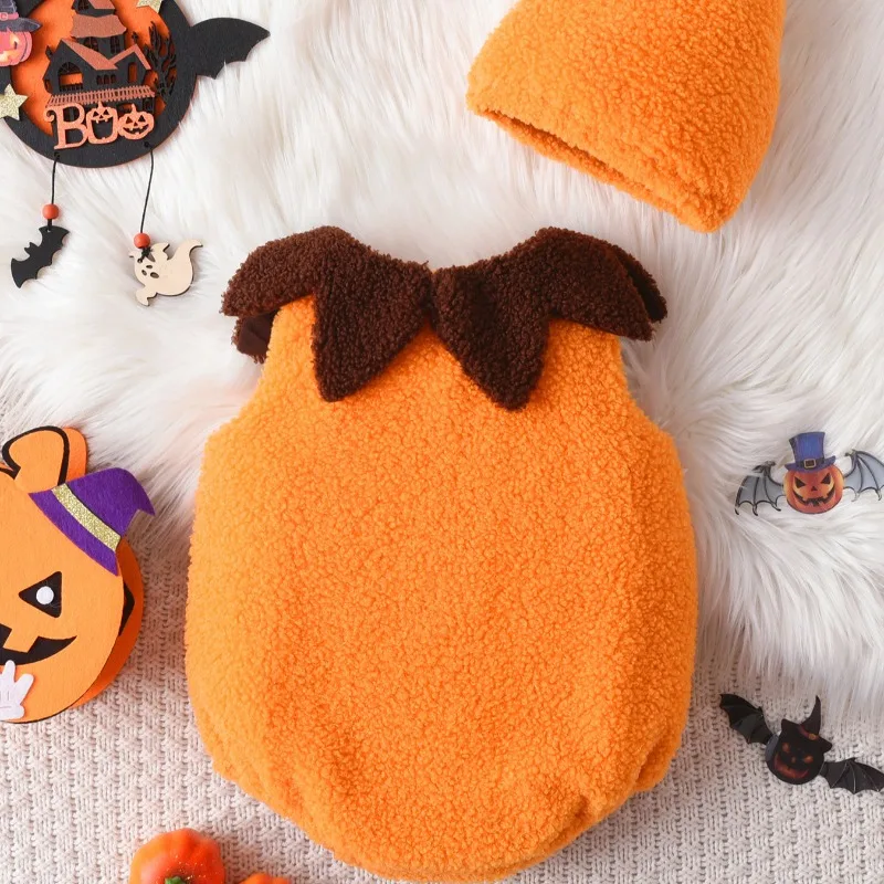 Newborn Infant Baby Orange Pumpkin Hooded Romper Sleeveless Plush Fleece Costume with Green Leaf Halloween Cosplay Playsuit 3