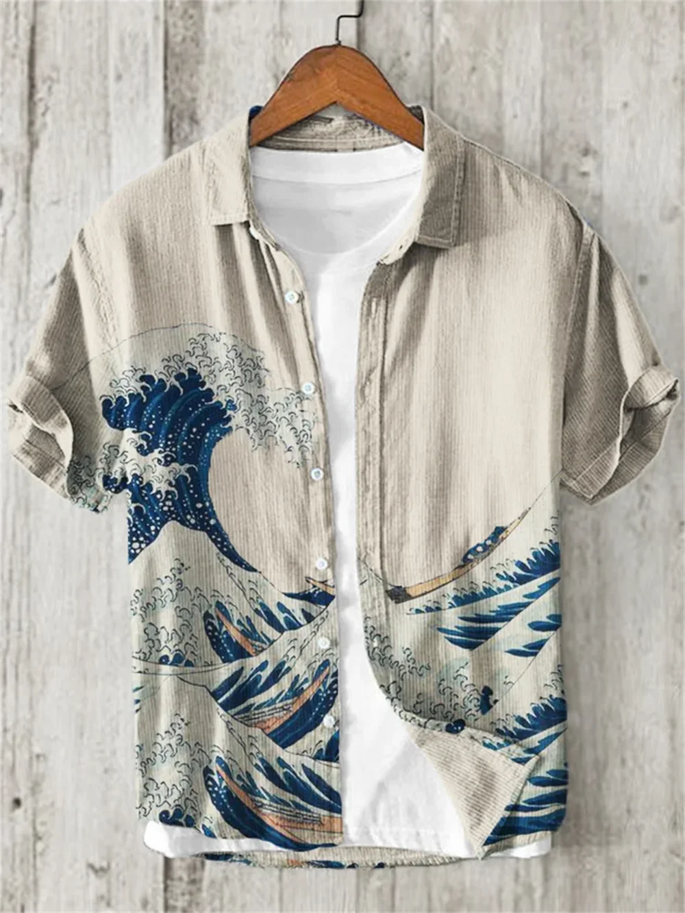 Kanagawa Surf Linen Men\'s Shirt Summer Hawaiian Shirt HD Pattern Comfortable Breathable Men\'s Clothing Fashion Button Design