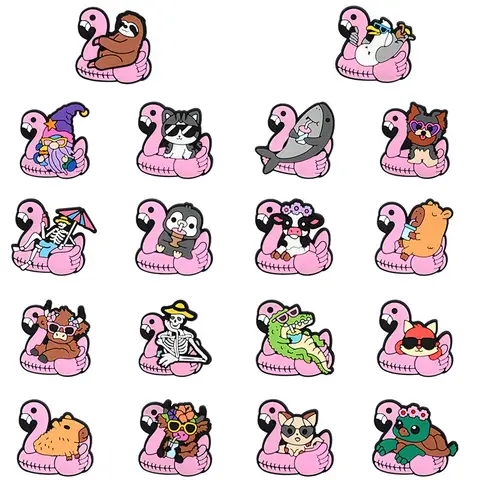 18PCS 핑크 플라밍고 시리즈 신발 매력 모험 상어 여우 PVC 장식 파티 선물을위한 고품질 분리형 방수