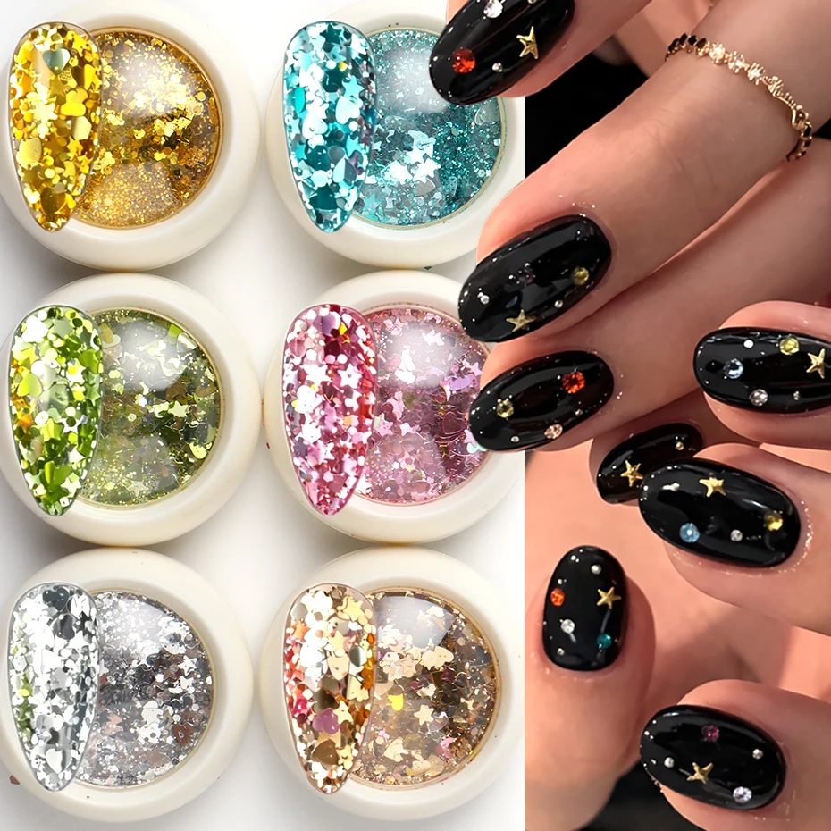 6 Boxes Heart Star Dot Confetti Nail Art Glitter Sequin Mini Holographic Sparkly Sequin Flash Flakes DIY Manicure Decoration