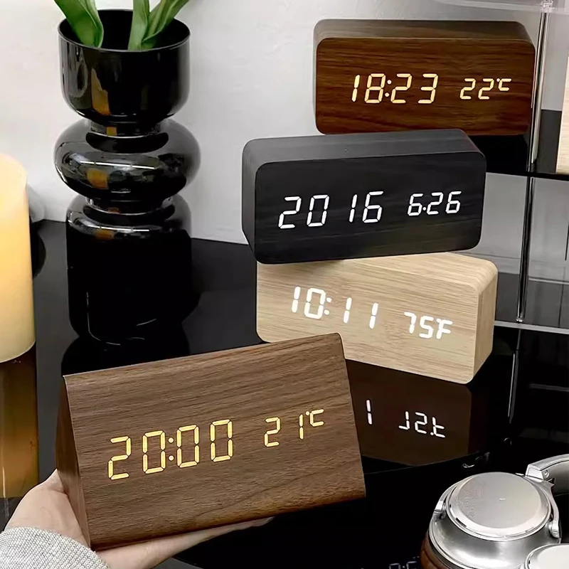 Reloj despertador para dormitorios, mesita de noche, decoración de escritorio de madera, reloj de mesa despertador con temperatura, reloj Digital