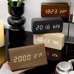 Reloj despertador para dormitorios, mesita de noche, decoración de escritorio de madera, reloj de mesa despertador con temperatura, reloj Digital Led, luz amanecer