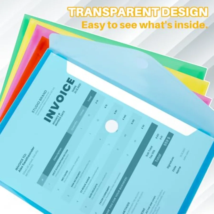 Buste in plastica trasparente Confezione da 5 buste in plastica poli con chiusura Formato lettera A4 Impermeabile riutilizzabile 5 Colo Ideale per Sch