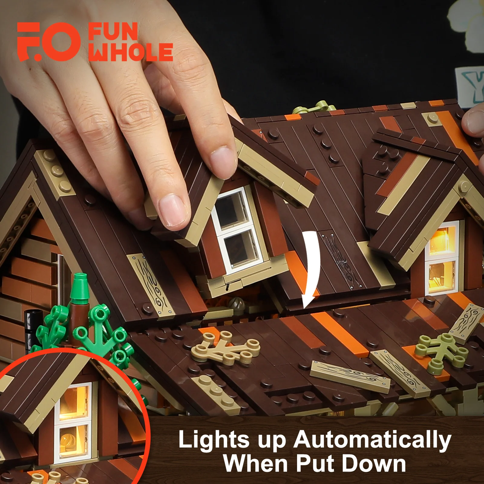 Funwhole Wood Cabin Set di blocchi modulari con Kit di luci a LED mattoni modello 2097 pezzi giocattoli da costruzione per bambini e adulti