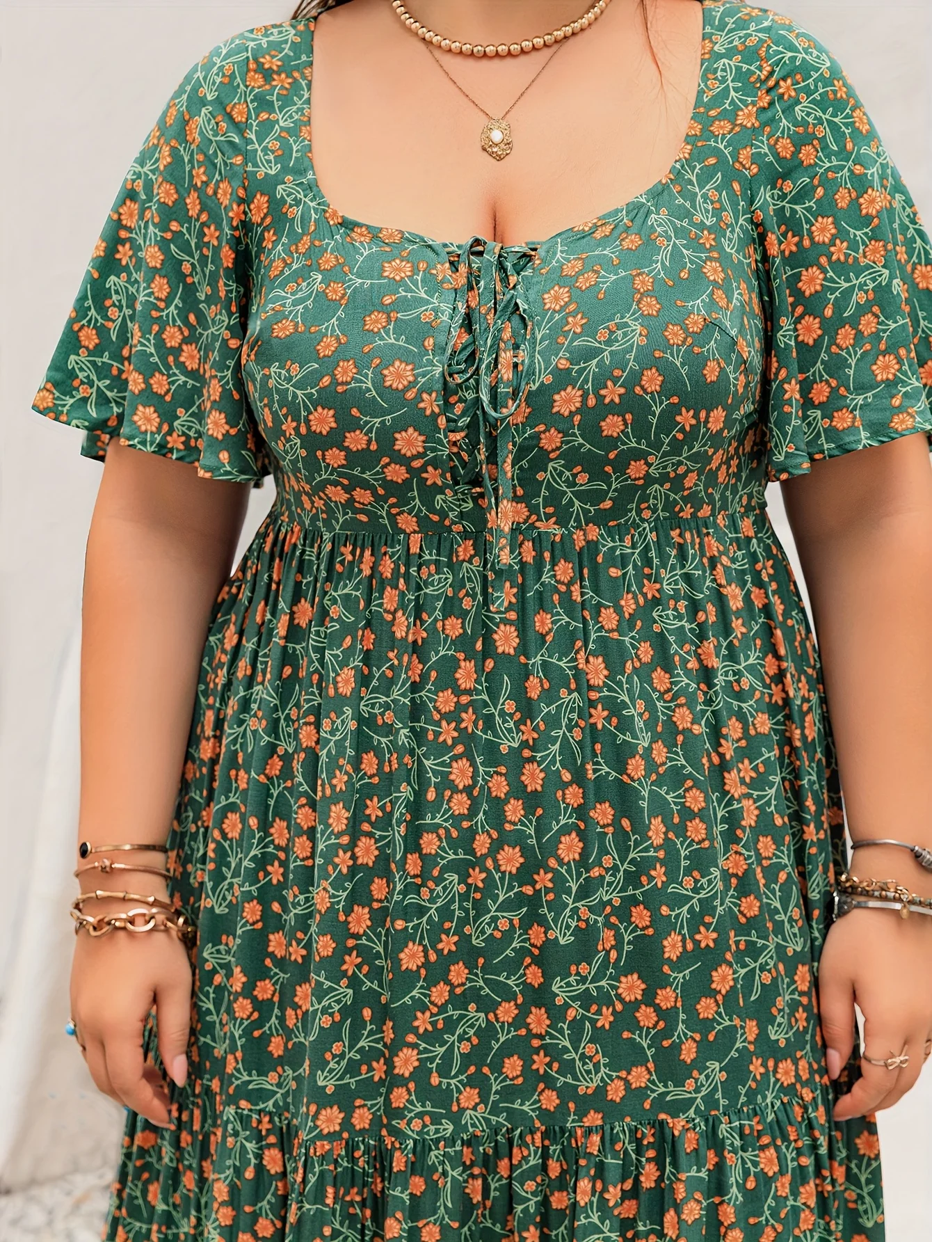 Plus Size Bohemian Long Dress for Women French Collar Adjustable Tie Print in Large Size Ladies Gown with Boho Chic Style view 3