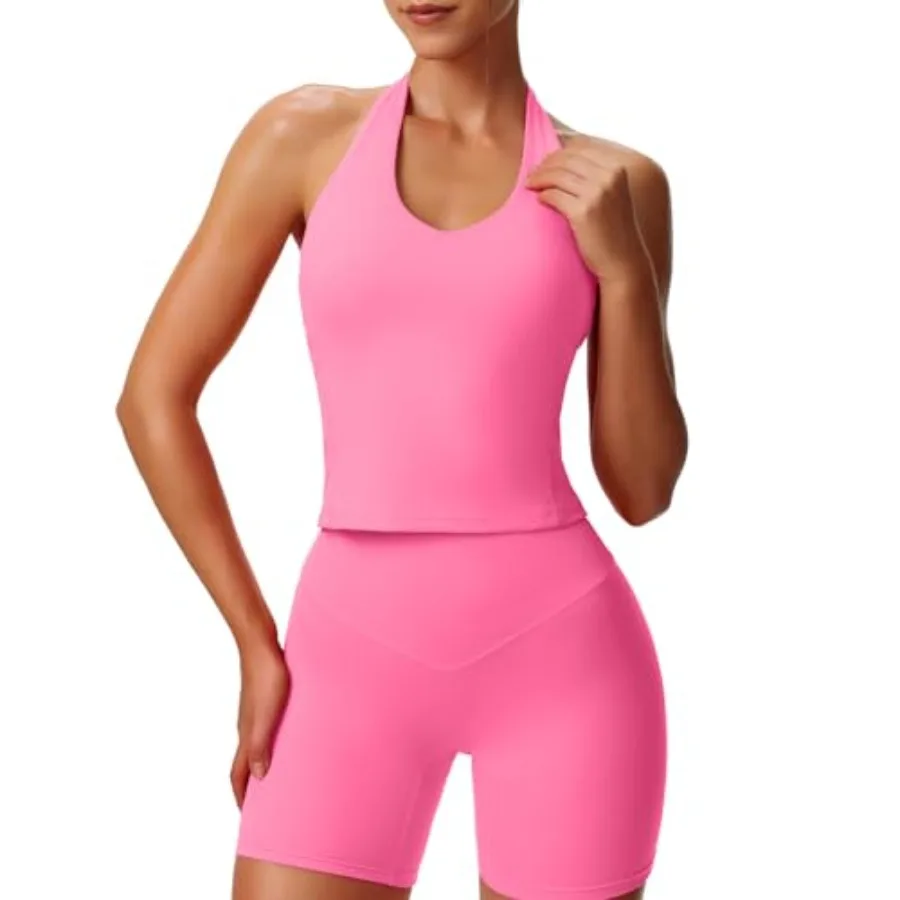 

Aoxjox Women's Sleevel Hailey Halter Tank Tops Workout Athletics Gym Yoga Curve Longline Crop Top