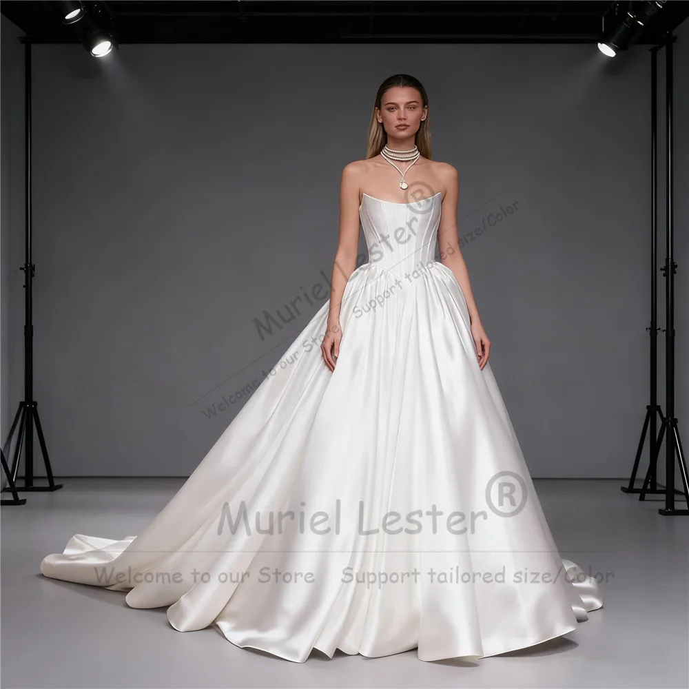 تخصيص فستان الزفاف الساتان الحبيب الرقبة بلا أكمام مطوي تنورة ألف خط زي العرائس ملابس رسمية للحفلات رداء دي ماري