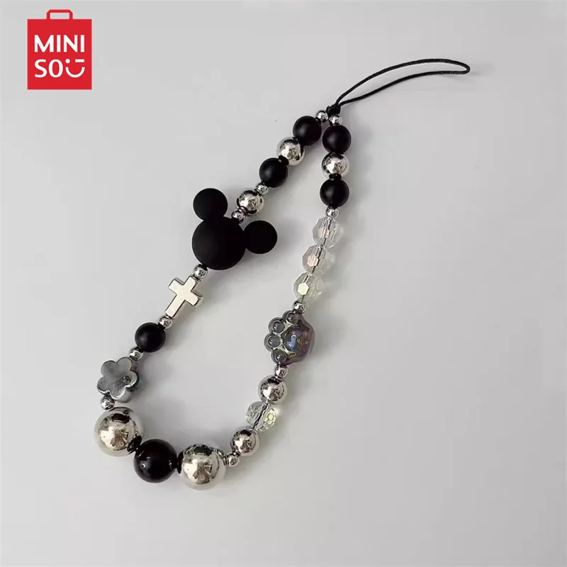 Miniso Mickey Mobile Phone Bracelet Lanyard for iPhone Samsung Huawei Xiaomi Case Black Bead Anti-Lost Wrist Strap Bags Keychain