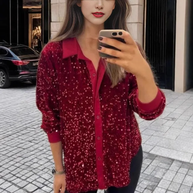 2022 Winter Neue Mode Stehkragen Taste Pailletten Hemd frauen Top