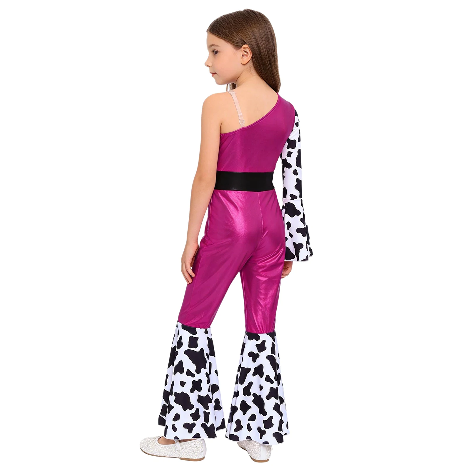 Kids Girls 70S Disco Hippie Western Cowgirl Costume Metallic Gloss Long Sleeve Jumpsuit Bell-bottoms Carnival Party Bodysuit