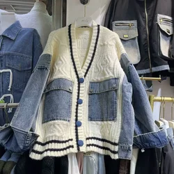 Contrast Denim Outerwears V-Neck Long Sleeve Ropa Mujer 2026 Loose Woman Cardigans Autumn Winter Double Pocket Sweater