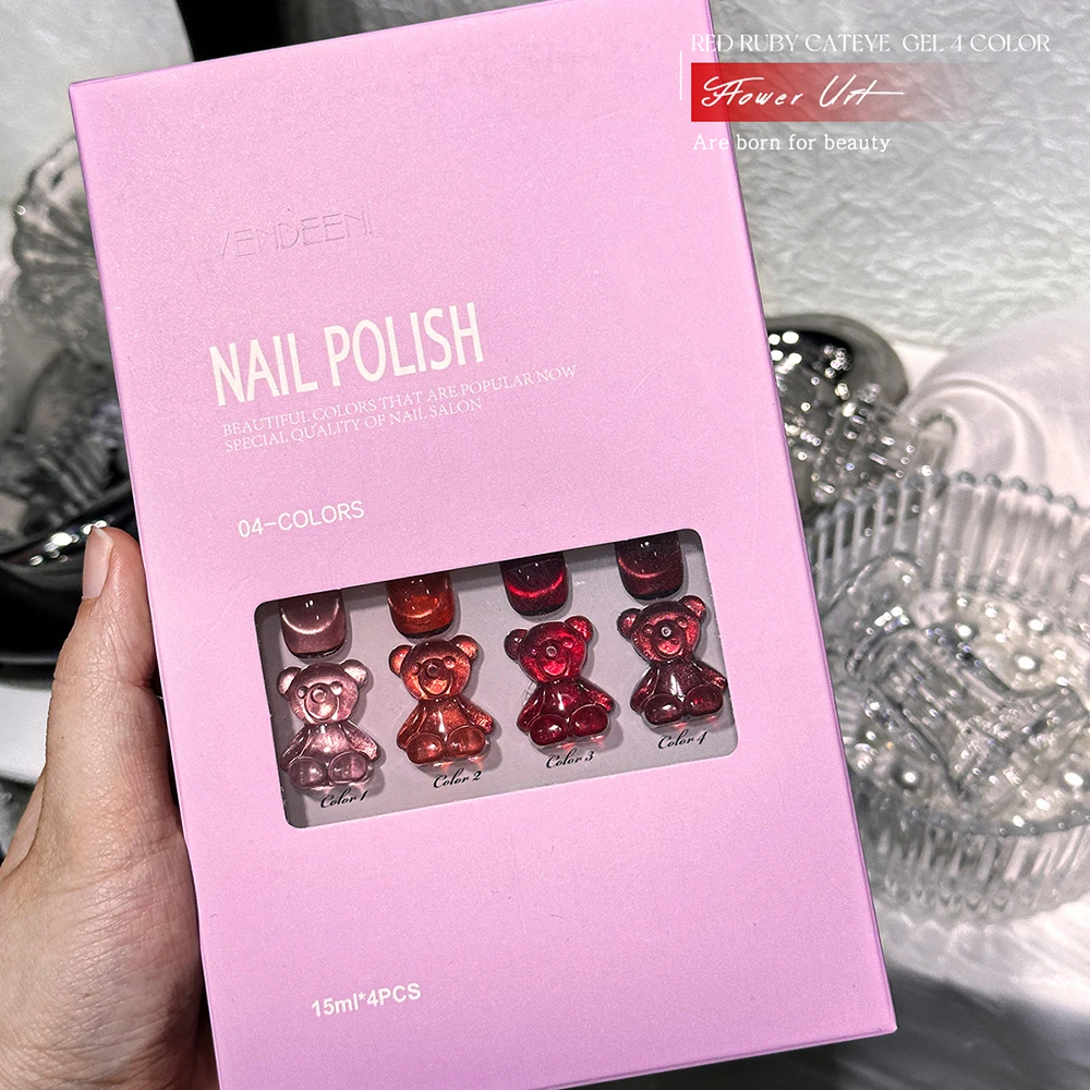 

Гель-лак для ногтей Vendeeni, 4 цвета/набор, красный рубиновый эффект кошачьего глаза, УФ/LED, смываемый, магнитный гель-лак с эффектом красного драгоценного камня, с цветовой палитрой