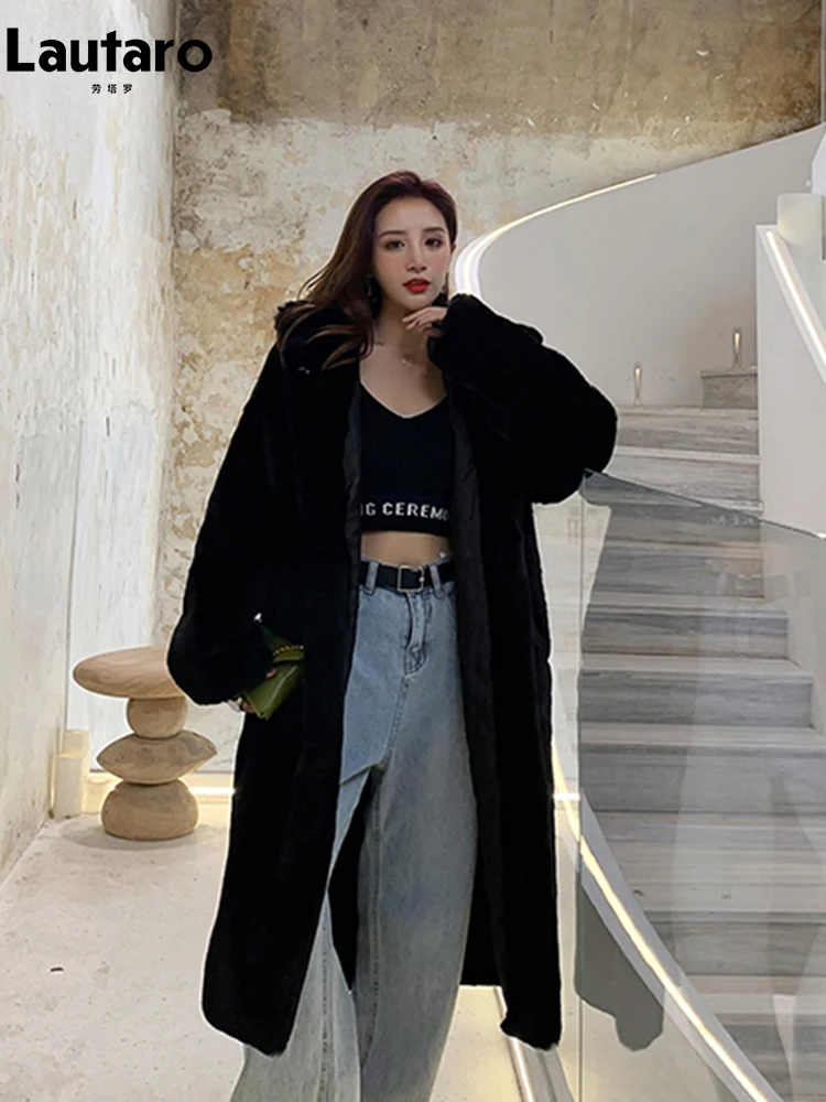 Lautaro Winter Long Loose Casual Windproof Soft Thick Warm Fluffy Green Black Faux Fur Coat Women with Hood Furry Overcoat 2023