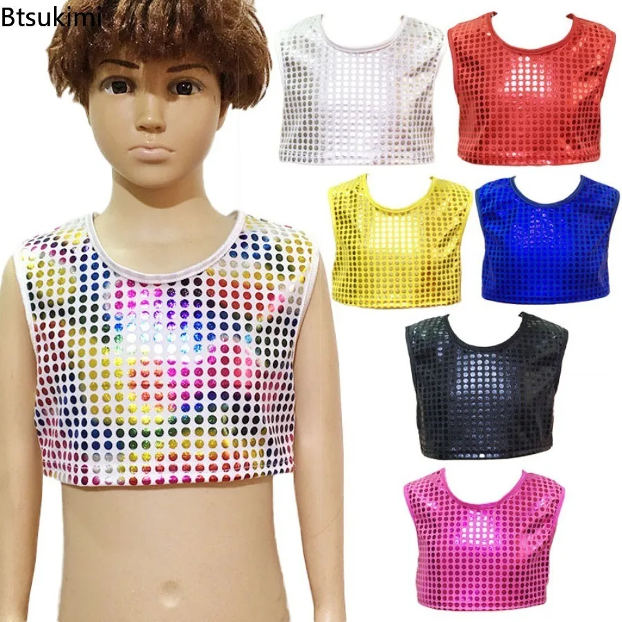 Kids Jazz Hip Hop Dance Tanks Tops Metallic Plaid Sleeveless Crop Top Vest School Show Choir Cheerleading Performance Costume