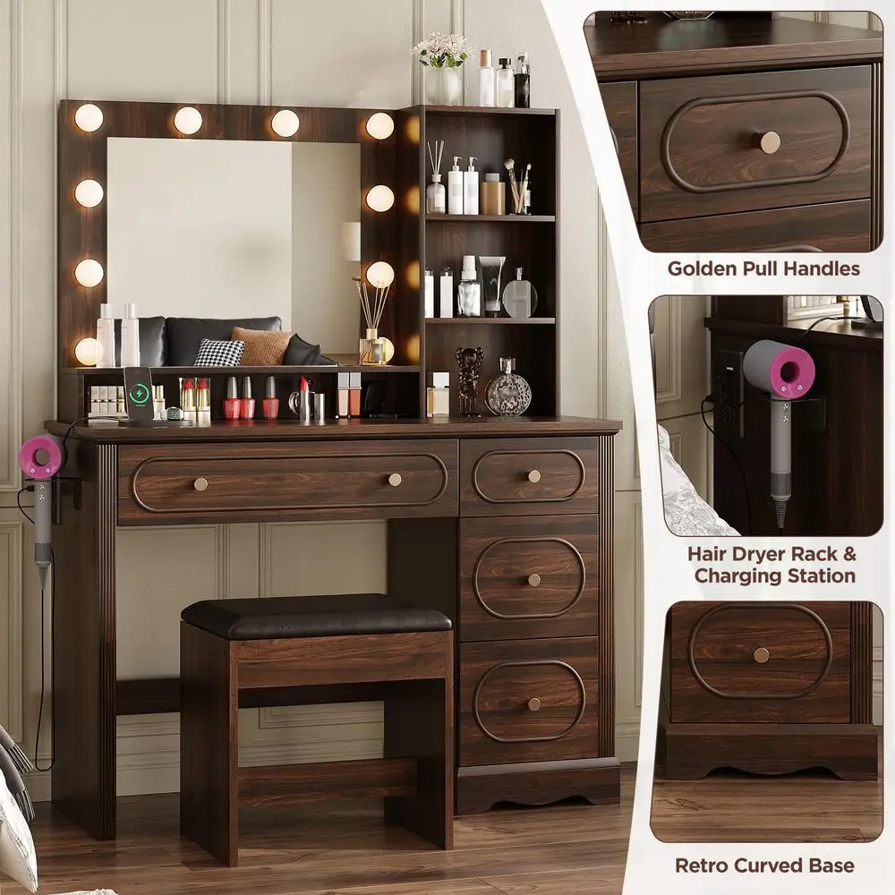Vanity Desk with 11 Drawers, Glass Top Makeup Table with Mirror and LED Lights Vanity with Stool 3 Lighting Modes Brightness Ad view 5