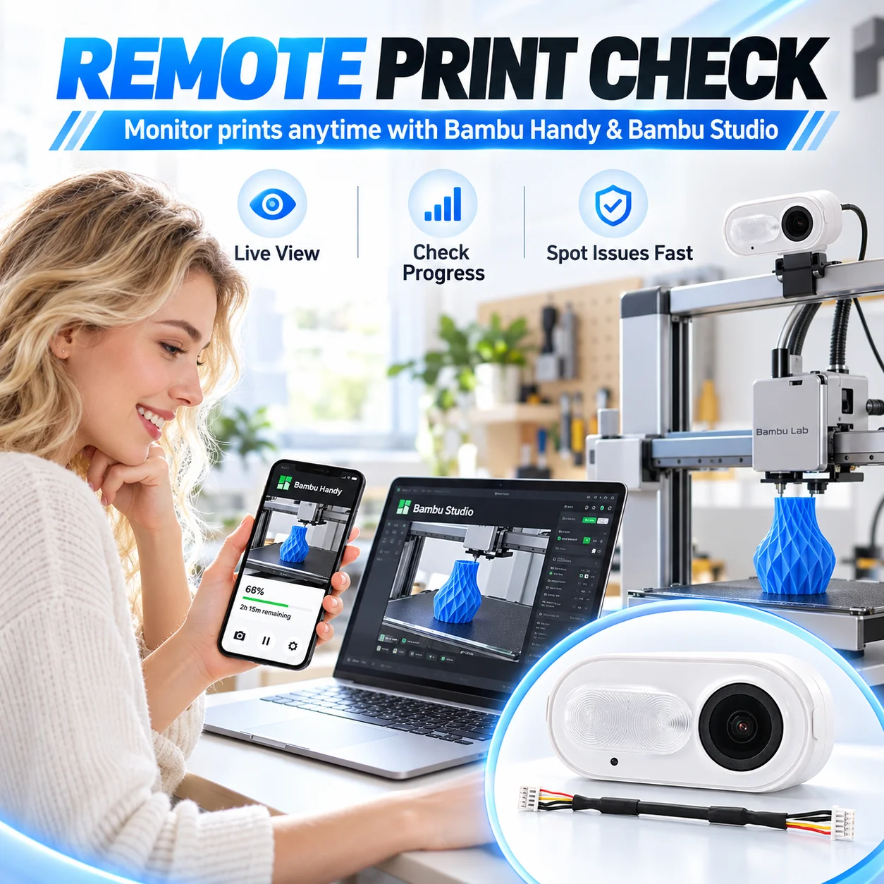 USB Camera for Bambu Lab A2L 3D Printer, Real-Time Print Monitoring Camera with Cable, Bambu Handy & Studio Compatible