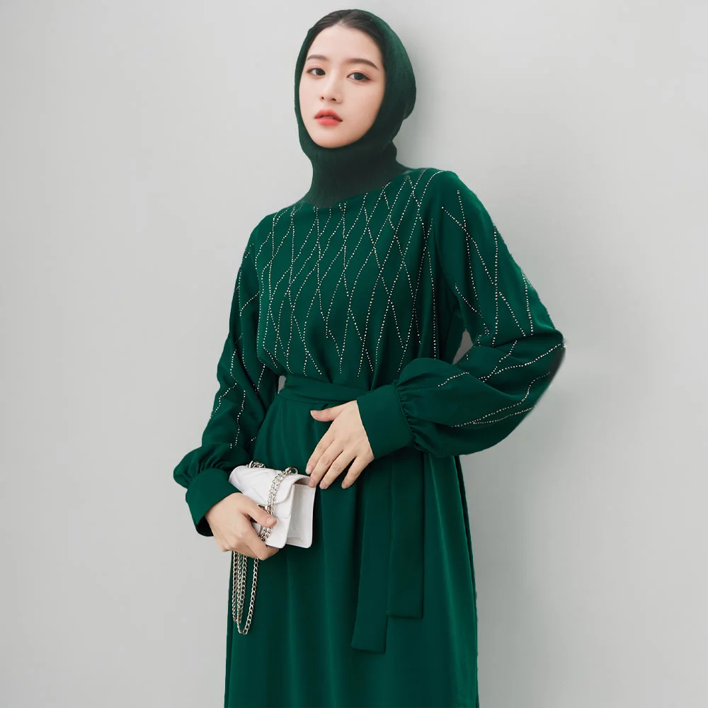 RIMAIRE Pure Color Muslim Abaya with Diamond Decoration Loose Robe for Women Lantern Shape Sleeves Fashion Comfortable Abaya