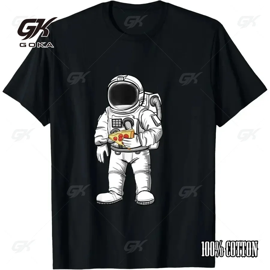 Funny Astronaut with Pizza Slice Graphic T-Shirt Street Hipster Unisex Clothes Space Food Lover Casual Short Sleeve Black  Tops