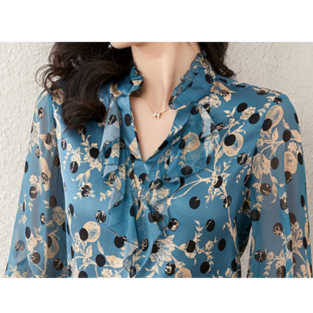 Elegant Ruffles Long Sleeve Satin Shirts Women Printed High Quality Spring Summer Blouses Casual Basic Women Tops Blusas Mujer