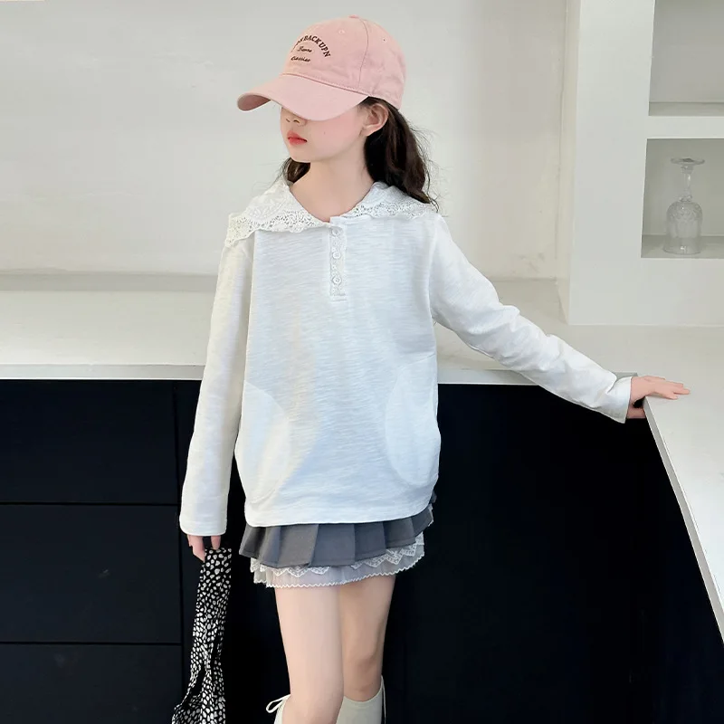 

Детский свитшот для девочек, осенний простой однотонный кружевной топ с капюшоном для маленьких девочек, универсальная майка с длинными рукавами для девочек-подростков