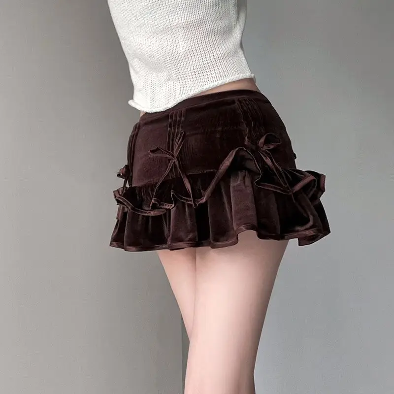 Super Short Skirt Ruffle Bow Cute Low Waist Tight Mini Skirt Fairycore Kawaii Holiday Outfit Y2K Women Waist Pleated Short Skirt