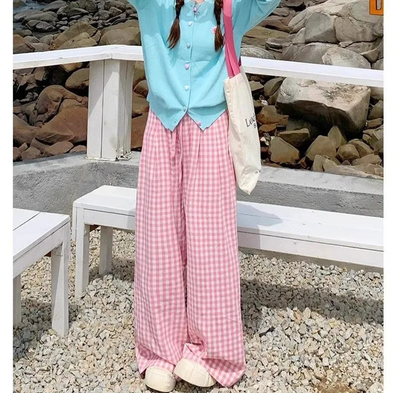 2025 New Female Korean Wide Leg Pants Girls Chic Patchwork Plaid High Waist Slacks Lady Fashion Casual Daily Trousers