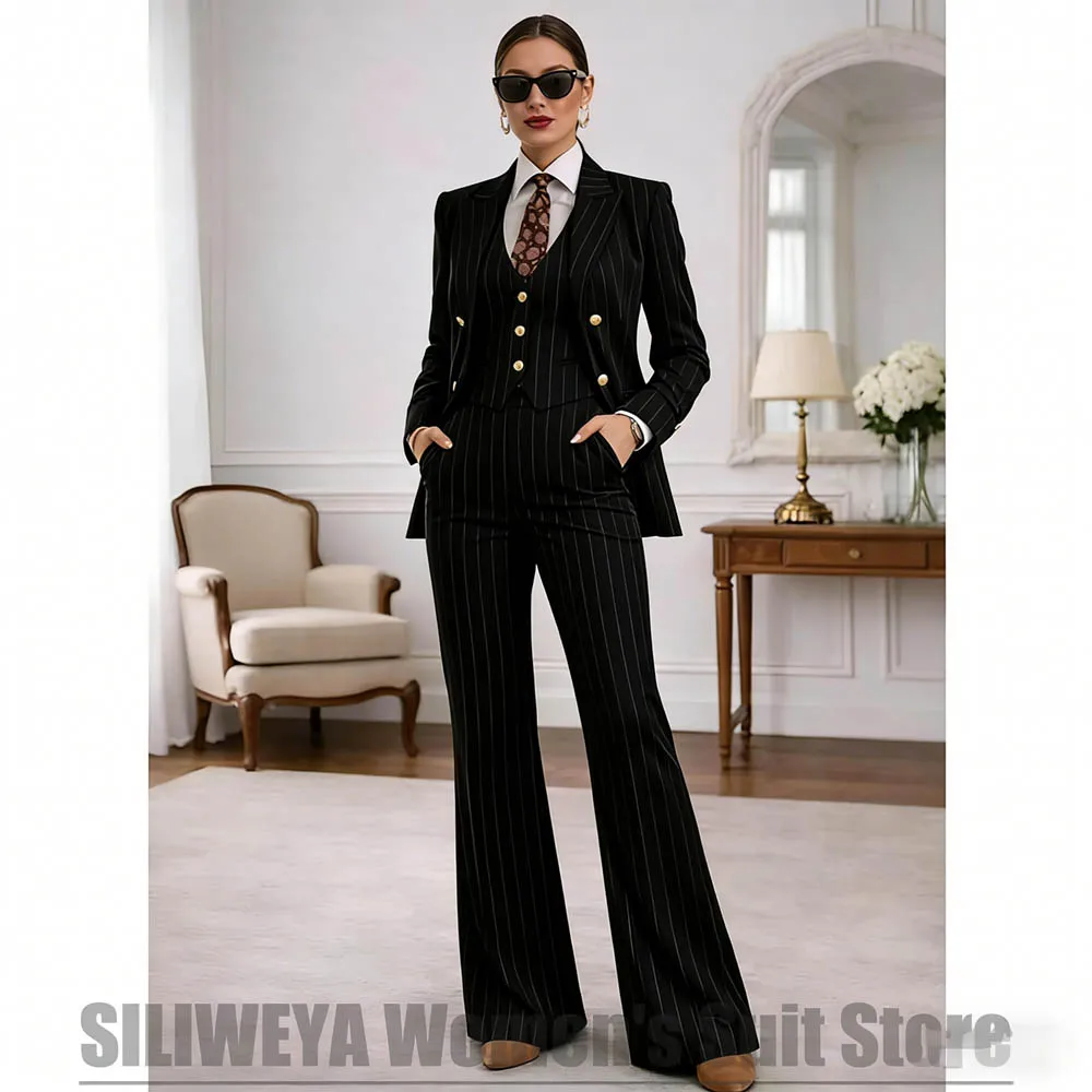 Chic Striped Women's Suit 3 Piece Double Breasted Blazer Vest Flared Pants Formal Business Office Wedding Party Lady Tuxedo