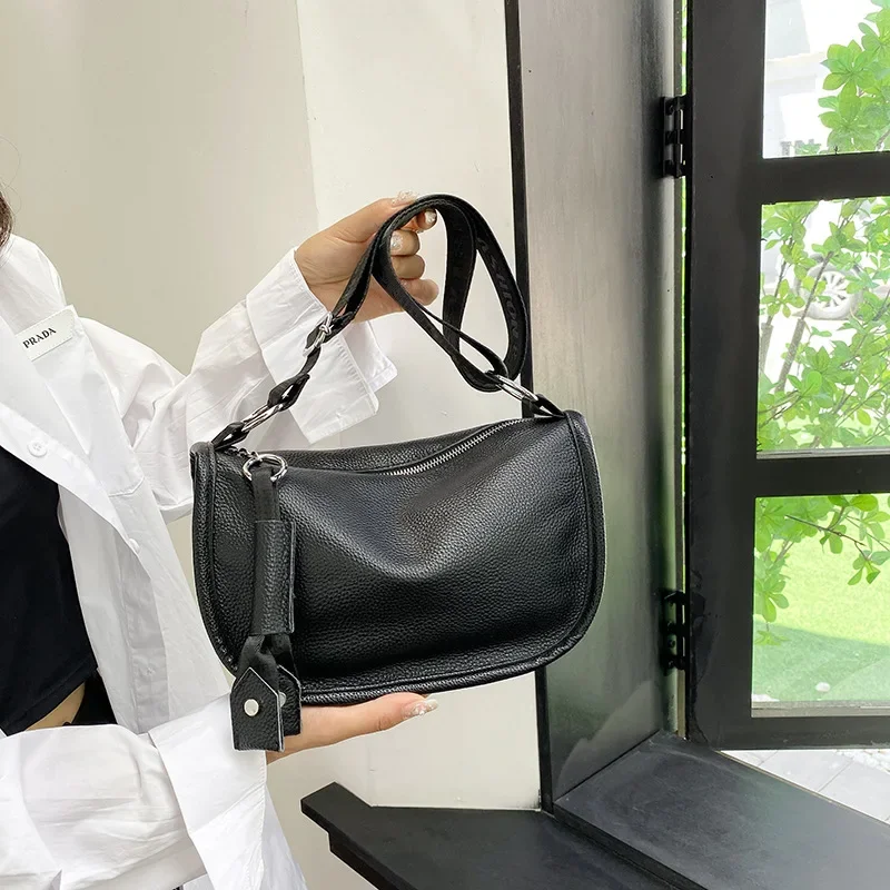 Bolsas de couro genuínas para mulheres, grande capacidade, bolsa feminina com alça larga, bolsa de ombro de luxo, nova, 2023