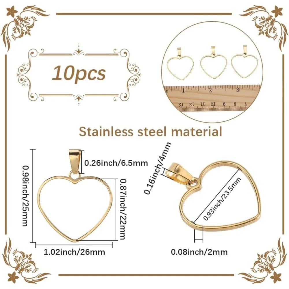 1 коробка, 10 шт., золотые полые подвески в форме сердца с открытой рамкой, подвески из нержавеющей стали 304, маленькая рамка 26 мм, задние заготовки, подвески из эпоксидной смолы