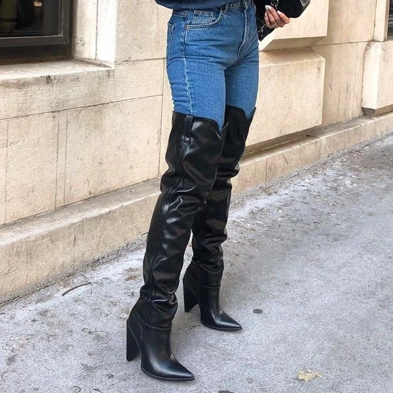 Schwarz Cut Out Über Knie Hohe Stiefel Chunky Ferse Spitz Mode Sexy Cool 2025, Winter Große Größe Frau Schuhe Zapatillas Mujer
