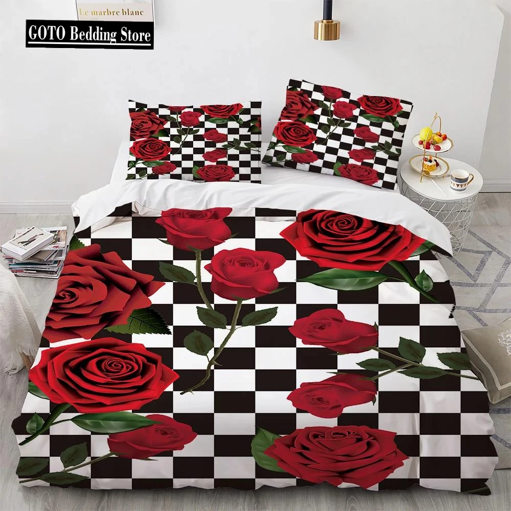 3D Print Black White Plaid Flower Red Rose Designer Bedding Festive Color Bedroom Quilt Set Cover for Valentine's Day Weddings