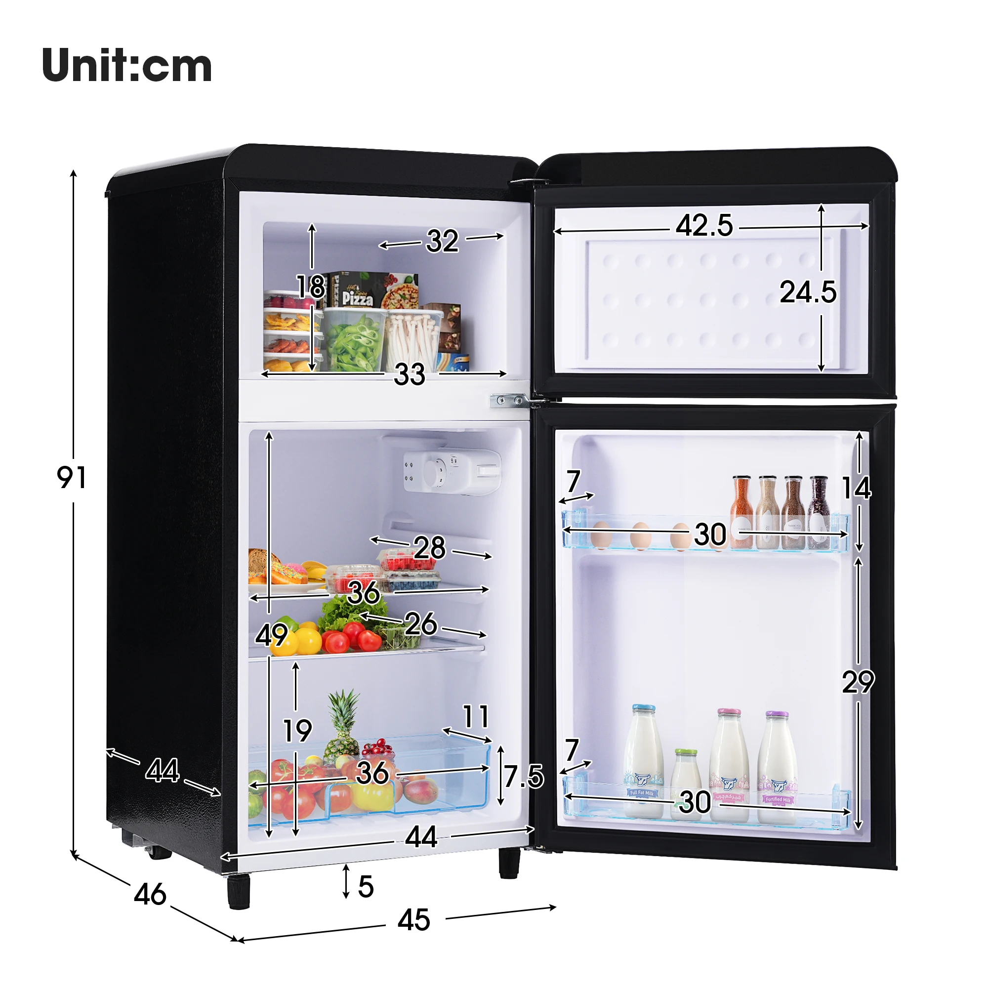 Minikoelkast, enkele deur, totaal volume 72 liter, vriezer 21 liter. 120 Kilowatt-uren per jaar, -27 ° C tot 13 ° C, LED-lamp