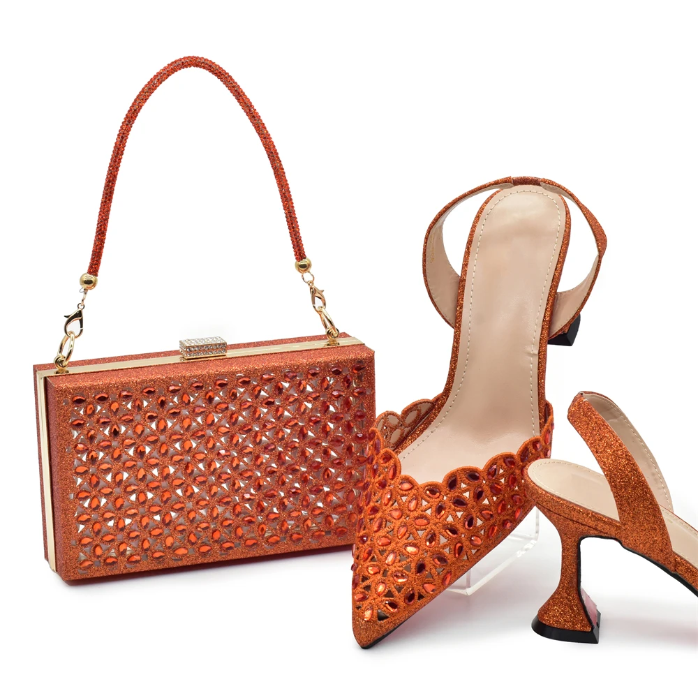 Nova chegada sapatos femininos nigerianos e conjunto de bolsa decorado com strass na itália festa africana sapatos de salto de luxo bombas com saltos