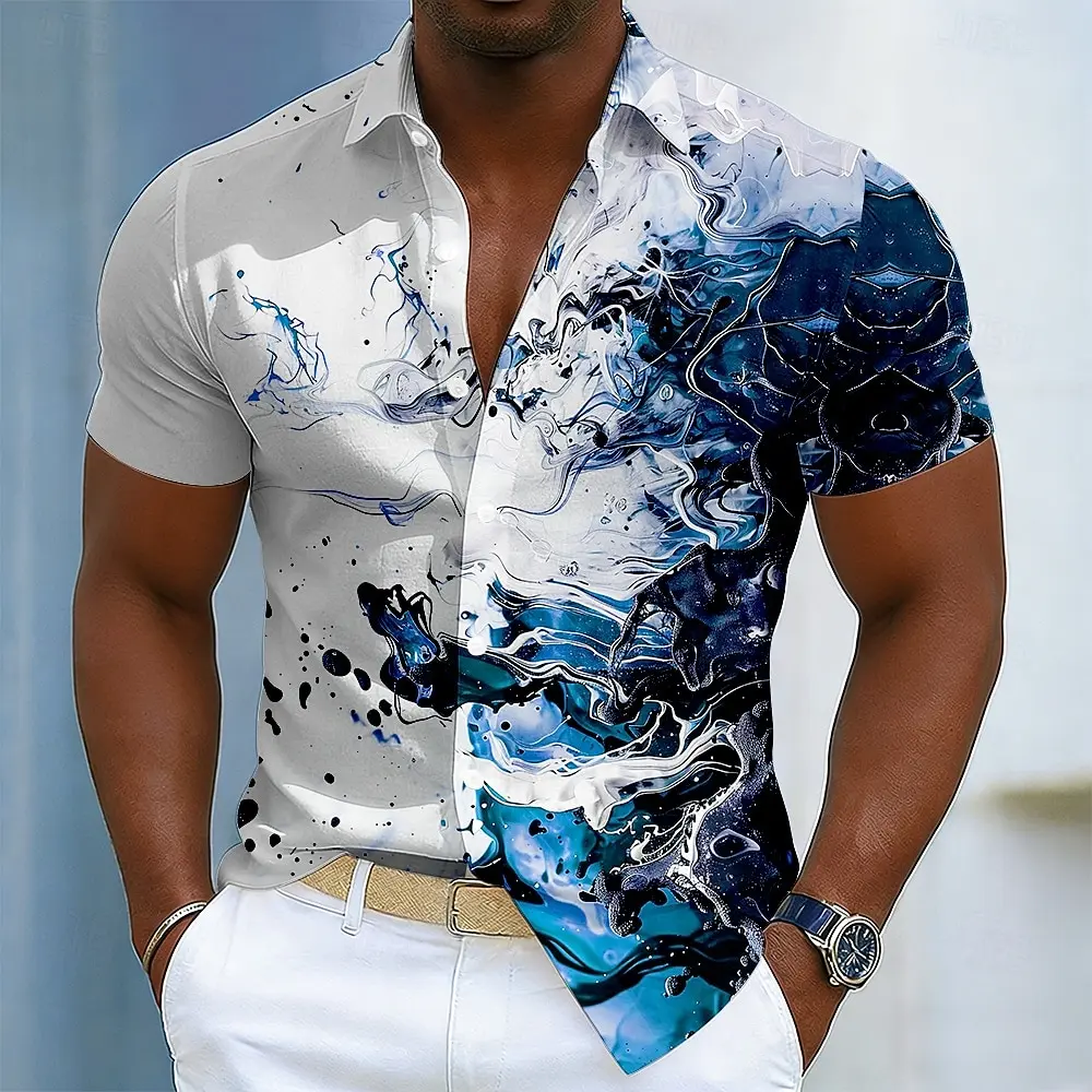

Men's Short Sleeve Turndown Collar Button Up Shirt, Marble Abstract Liquid Art 3D Print Design, Spring & Summer Vacation