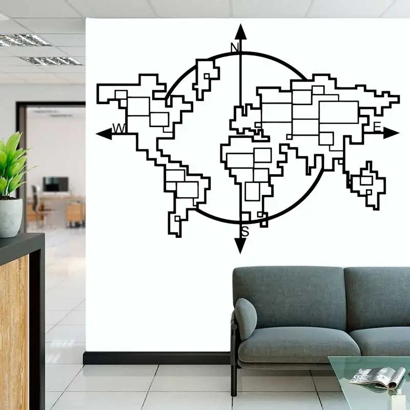 هندسية خريطة العالم البوصلة الفينيل ملصقات جدار غرفة المعيشة المنزلي مكتب الفن الجدران الموضة الحديثة ملصقات ديكور لتزيين الغرف جدارية الهدايا Z2