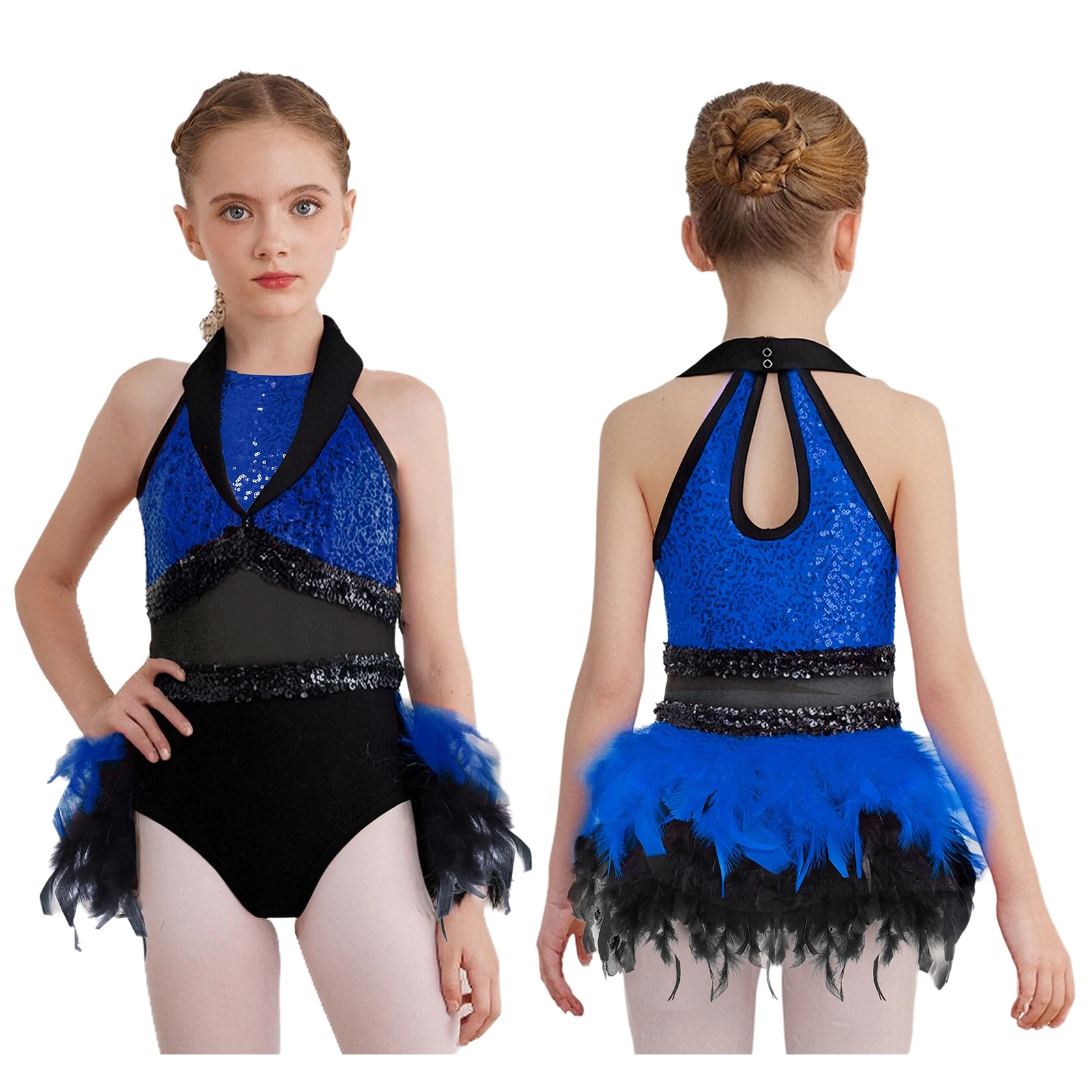 Kids Girls Latin Jazz Cha-cha Tango Samba Rumba Performance Dance Dress Sleeveless Sequin Mesh Feather Tutu Ballet Ska Dancewear image 3