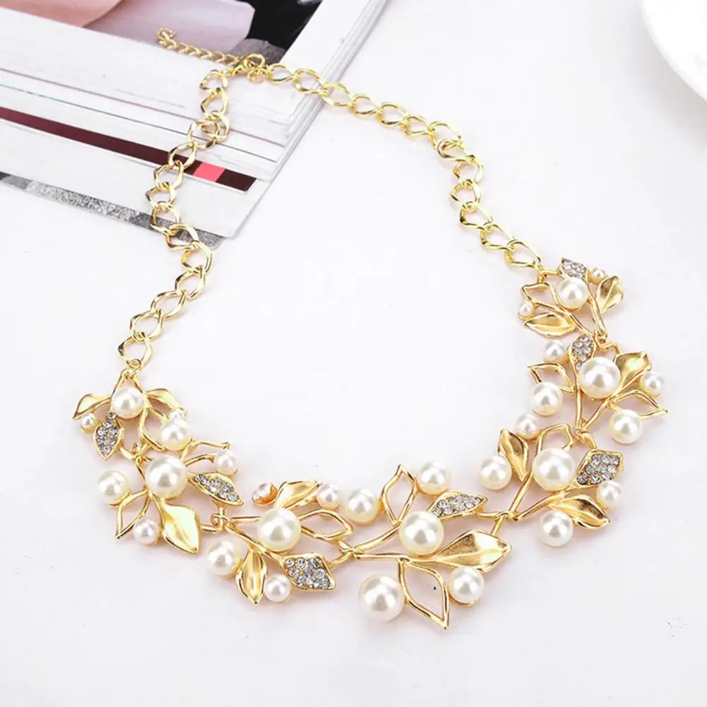1 Set High-class Bride Statement Necklace Extended Wedding Necklace Noble Shiny Faux Pearl Stud Earrings Kit  Gift