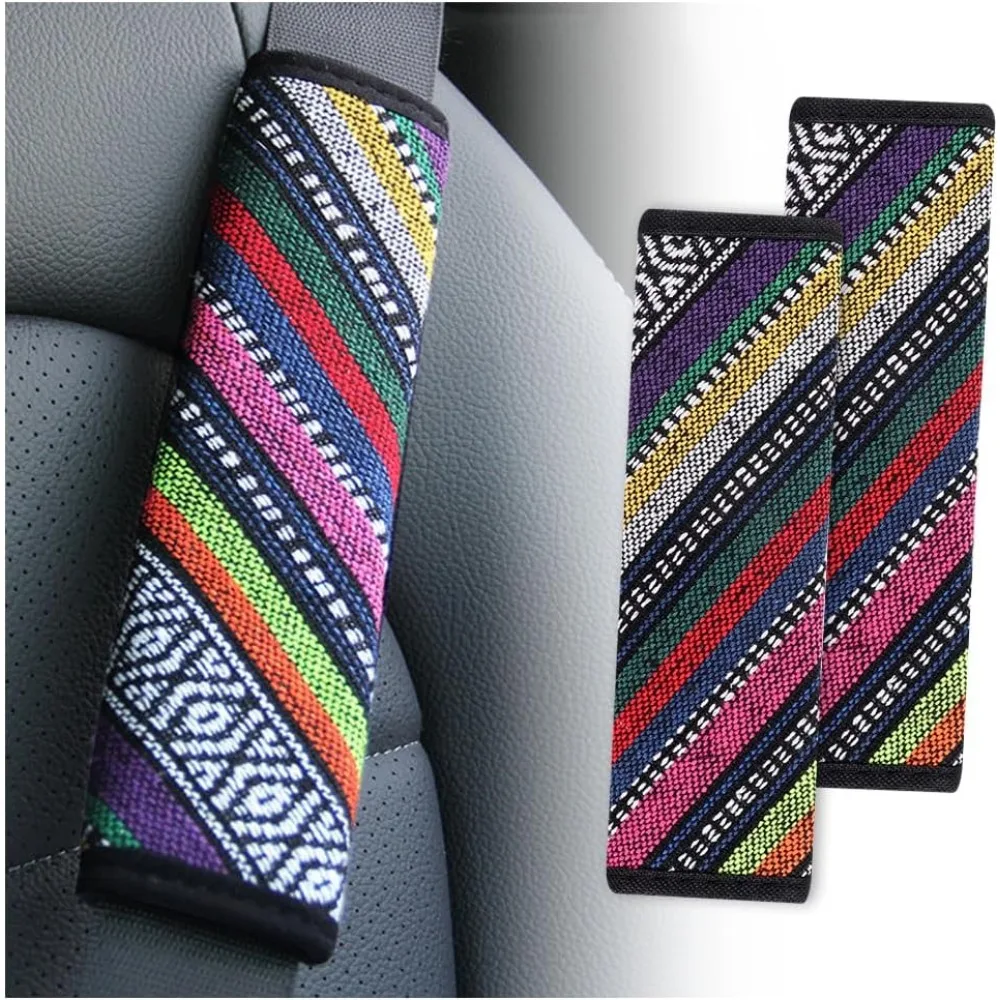 Artificial Linen Texture Fabric Car Shoulder Pad Bohemian Style Belt Safety Belt Cover Colorful Ethnic Car Interior